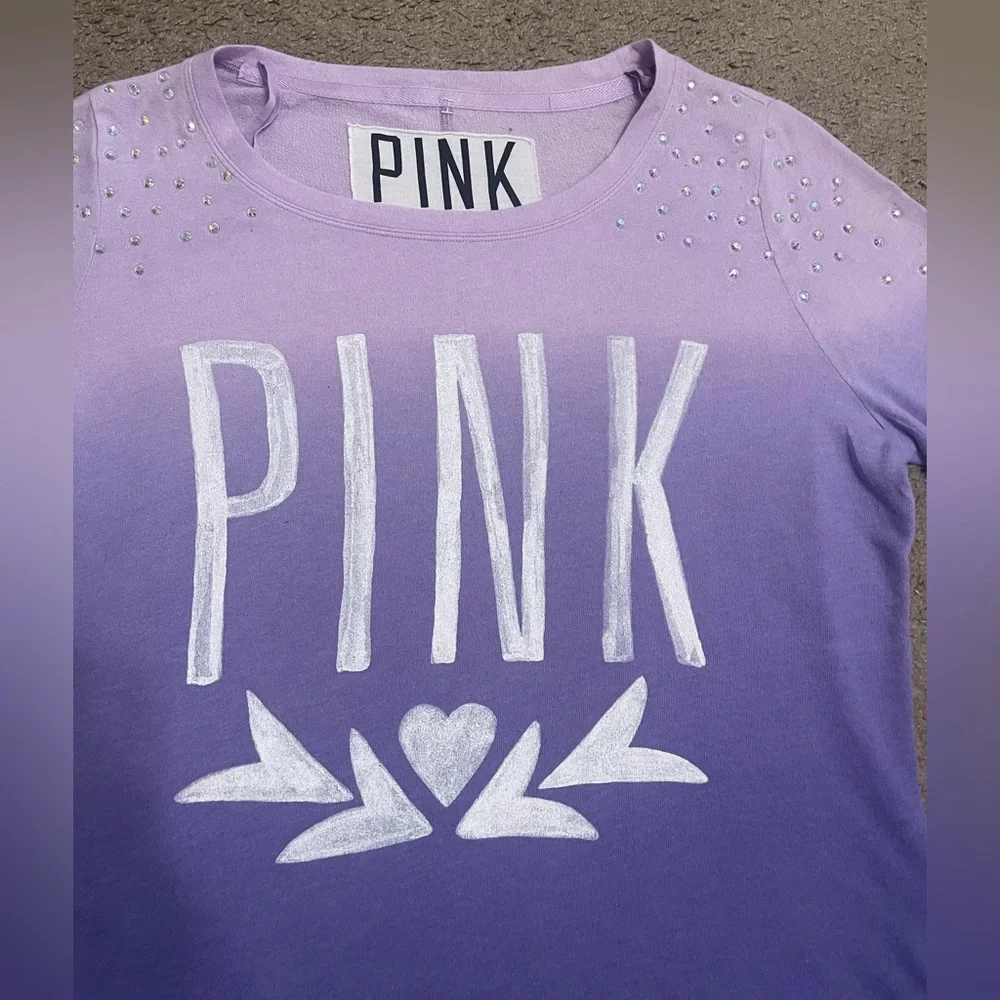 PINK Victoria’s Secret Long Sleeve Crew Neck Shirt Ombre with Rhinestones - Picture 5 of 15